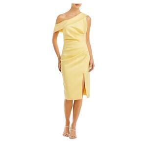 Lavish Alice Yellow Satin One Shoulder Pleated Midi Dress NWT Size 4 Wedding